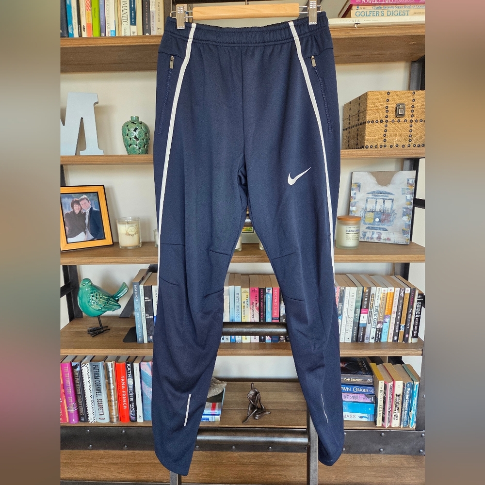 NWOT - Nike Navy Track Pants with White Stripes & Reflectivity, Size Medium